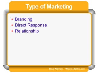 Steve Wickham  •  WickwoodOnline.com Type of Marketing Branding Direct Response Relationship 