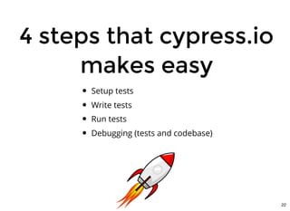 4 steps that cypress.io4 steps that cypress.io
makes easymakes easy
Setup tests
Write tests
Run tests
Debugging (tests and codebase)
22
 