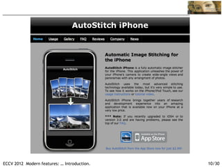 ECCV 2012 Modern features: … Introduction.   M. Brown, D. Lowe, B. Hearn, J. Beis
                                                                              10/30
 