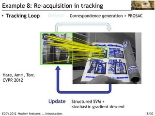 Example 8: Re-acquisition in tracking
•  Tracking Loop               Detect        Correspondence generation + PROSAC




Hare, Amri, Torr,
CVPR 2012



                               Update        Structured SVM +
                                             stochastic gradient descent
ECCV 2012 Modern features: … Introduction.                                        18/30
 
