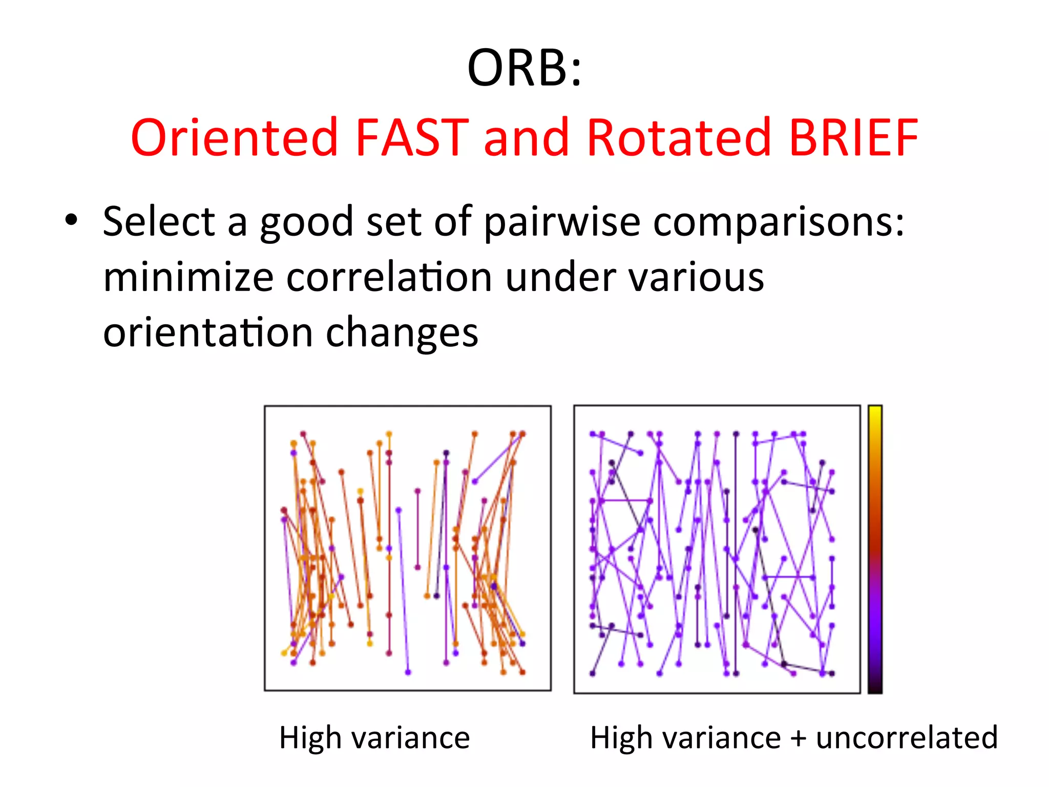 ORB:	
  
     Oriented	
  FAST	
  and	
  Rotated	
  BRIEF	
  
•  Select	
  a	
  good	
  set	
  of	
  pairwise	
  comparisons:	
  
   minimize	
  correla<on	
  under	
  various	
  
   orienta<on	
  changes	
  




                High	
  variance	
  	
     High	
  variance	
  +	
  uncorrelated	
  	
  
 