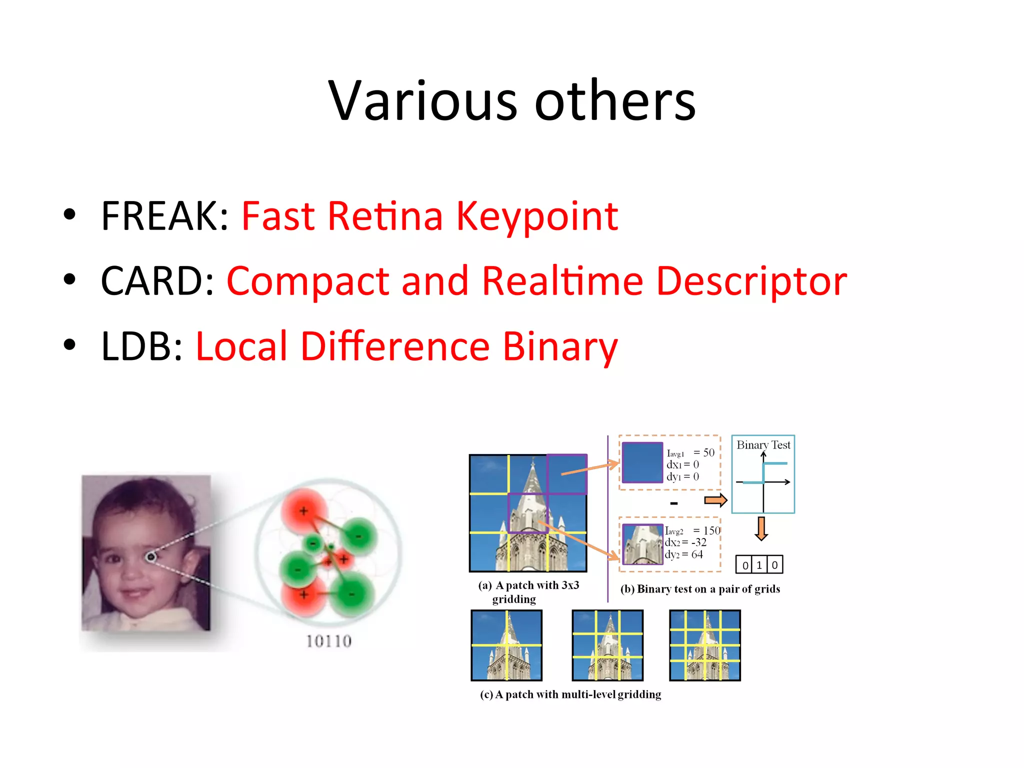 Various	
  others	
  
•  FREAK:	
  Fast	
  Re<na	
  Keypoint	
  
•  CARD:	
  Compact	
  and	
  Real<me	
  Descriptor	
  
•  LDB:	
  Local	
  Diﬀerence	
  Binary	
  	
  
   	
  
 
