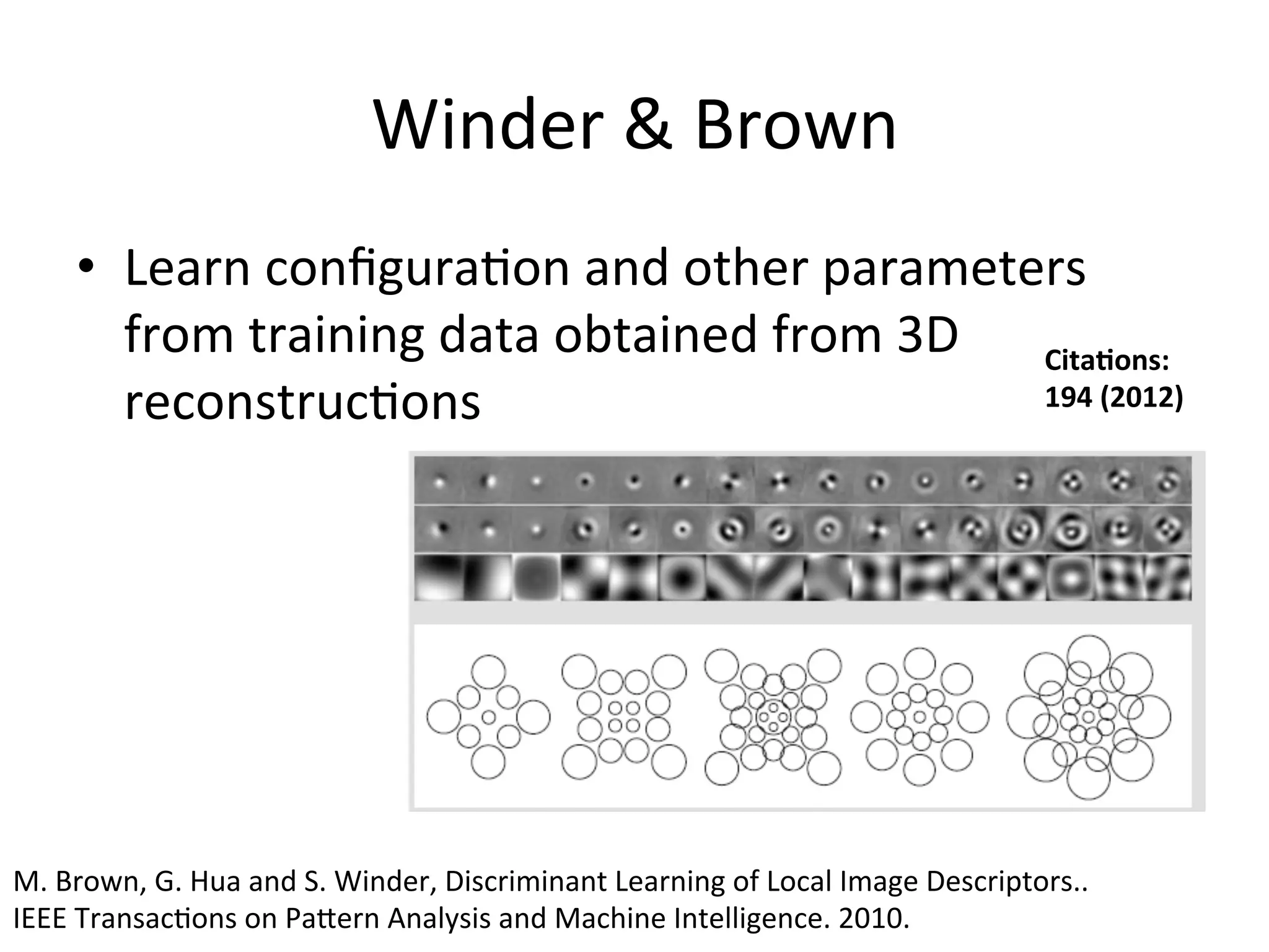 Winder	
  &	
  Brown	
  
       •  Learn	
  conﬁgura<on	
  and	
  other	
  parameters	
  
          from	
  training	
  data	
  obtained	
  from	
  3D	
   Cita%ons:	
  	
  
          reconstruc<ons	
                                       194	
  (2012)	
  




M.	
  Brown,	
  G.	
  Hua	
  and	
  S.	
  Winder,	
  Discriminant	
  Learning	
  of	
  Local	
  Image	
  Descriptors..	
  
IEEE	
  Transac<ons	
  on	
  Paeern	
  Analysis	
  and	
  Machine	
  Intelligence.	
  2010.	
  
 