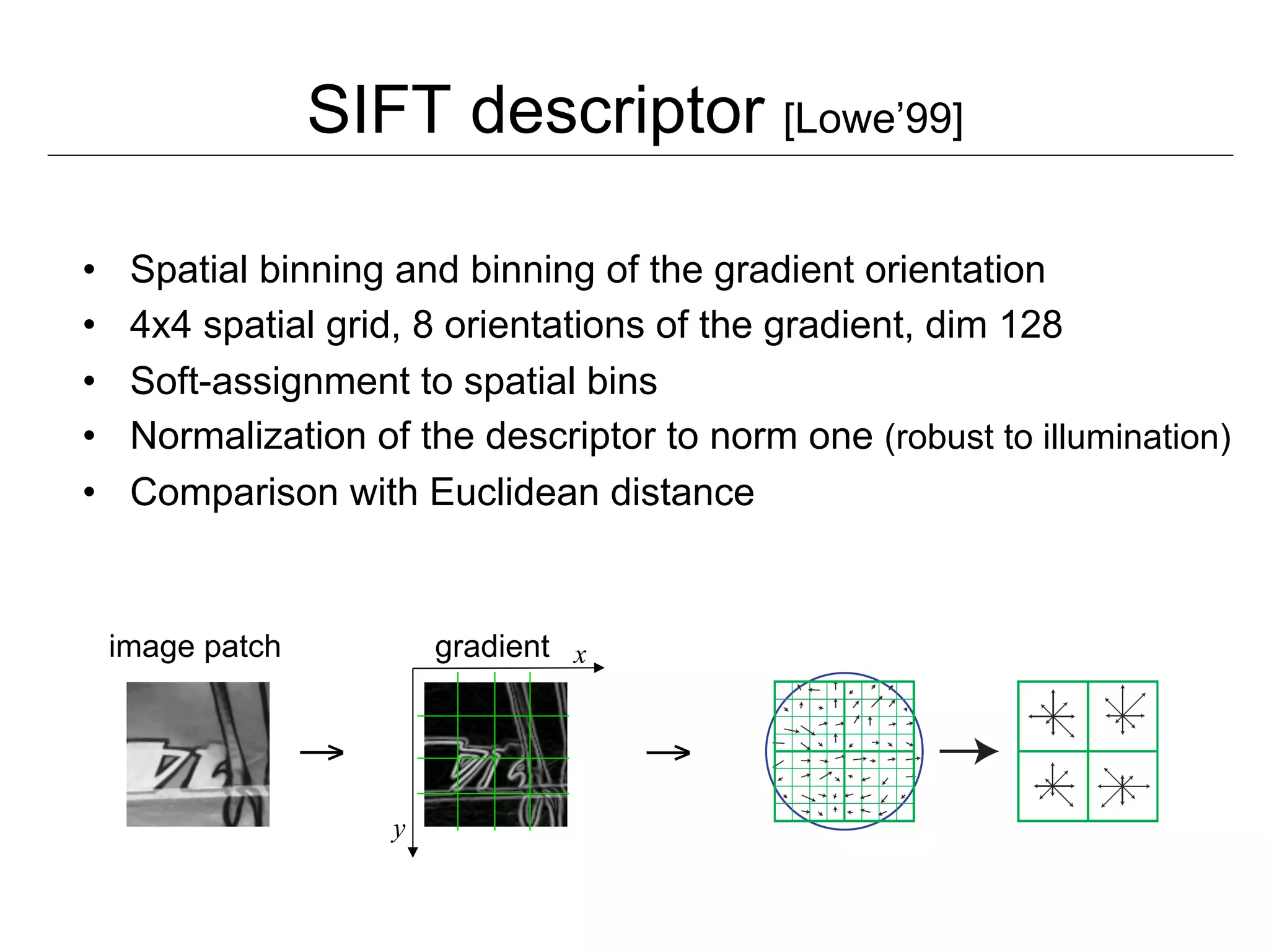 SIFT descriptor [Lowe’99]

•     Spatial binning and binning of the gradient orientation
•     4x4 spatial grid, 8 orientations of the gradient, dim 128
•     Soft-assignment to spatial bins
•     Normalization of the descriptor to norm one (robust to illumination)
•     Comparison with Euclidean distance


     image patch           gradient x


                   →                    →
                       y
 