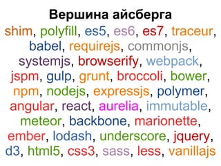 Вершина айсберга
shim, polyfill, es5, es6, es7, traceur,
babel, requirejs, commonjs,
systemjs, browserify, webpack,
jspm, gulp, grunt, broccoli, bower,
npm, nodejs, expressjs, polymer,
angular, react, aurelia, immutable,
meteor, backbone, marionette,
ember, lodash, underscore, jquery,
d3, html5, css3, sass, less, vanillajs
 