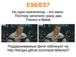 ES6/ES7
Но один компилятор – это мало.
Поэтому запилили сразу два:
Traceur и Babel.
Поддерживаемые фичи публикуют на
http://kangax.github.io/compat-table/es7/
 