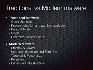 Traditional vs Modern malware
Traditional Malware: 
- Open channels 
- Known detection and patches available 
- Broad & Noisy 
- Single 
- Centralized infrastructure
Modern Malware: 
- Stealthy & Covert 
- Unknown detection and Zero Day 
- Targeted & Personalize 
- Persistent 
- Distributed infrastructure
 
