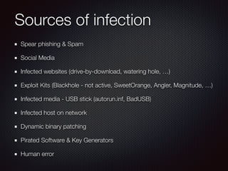 Sources of infection
Spear phishing & Spam
Social Media
Infected websites (drive-by-download, watering hole, …)
Exploit Kits (Blackhole - not active, SweetOrange, Angler, Magnitude, …)
Infected media - USB stick (autorun.inf, BadUSB)
Infected host on network
Dynamic binary patching
Pirated Software & Key Generators
Human error
 
