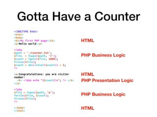 Gotta Have a Counter
<!DOCTYPE html>
<html>
<body>
<h1>My first PHP page</h1>
<p>Hello world</p>
<?php
$path = './counter.txt';
$file = fopen($path, 'r');
$count = fgets($file, 1000);
fclose($file);
$count = abs(intval($count)) + 1;
?>
<p>Congratulations: you are visitor
number:
<b> <?php echo "{$count}n"; ?> </b>
</p>
<?php
$file = fopen($path, 'w');
fwrite($file, $count);
fclose($file);
?>
</body>
</html>
HTML
HTML
PHP Business Logic
HTML
PHP Presentation Logic
PHP Business Logic
 