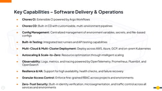 Key Capabilities – Software Delivery & Operations
● Choreo CI: Extensible CI powered by Argo Workﬂows
● Choreo CD: Built-in CD with customizable, multi-environment pipelines
● Conﬁg Management: Centralized management of environment variables, secrets, and ﬁle-based
conﬁgs
● Built-In Testing: Integrated test runners and API testing capabilities
● Multi-Cloud & Multi-Cluster Deployment: Deploy across AWS, Azure, GCP, and on-prem Kubernetes
● Autoscaling & Scale-to-Zero: Resource optimization through intelligent scaling
● Observability: Logs, metrics, and tracing powered by OpenTelemetry, Prometheus, Fluentbit, and
OpenSearch
● Resilience & HA: Support for high availability, health checks, and failure recovery
● Granular Access Control: Enforce ﬁne-grained RBAC across projects and environments
● Zero-Trust Security: Built-in identity veriﬁcation, microsegmentation, and traffic control across all
services and environments
 