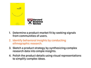 1. Determine a product-market fit by seeking signals
from communities of users.
2. Identify behavioral insights by conducting
ethnographic research.
3. Sketch a product strategy by synthesizing complex
research data into simple insights.
4. Polish the product details using visual representations
to simplify complex ideas.
 