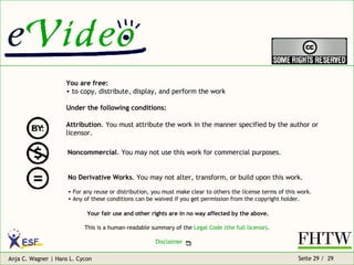                                                                    You are free: to copy, distribute, display, and perform the work  Under the following conditions: Your fair use and other rights are in no way affected by the above. This is a human-readable summary of the  Legal Code (the full license) .  Disclaimer              Attribution . You must attribute the work in the manner specified by the author or licensor. Noncommercial . You may not use this work for commercial purposes. No Derivative Works . You may not alter, transform, or build upon this work. For any reuse or distribution, you must make clear to others the license terms of this work.  Any of these conditions can be waived if you get permission from the copyright holder.   