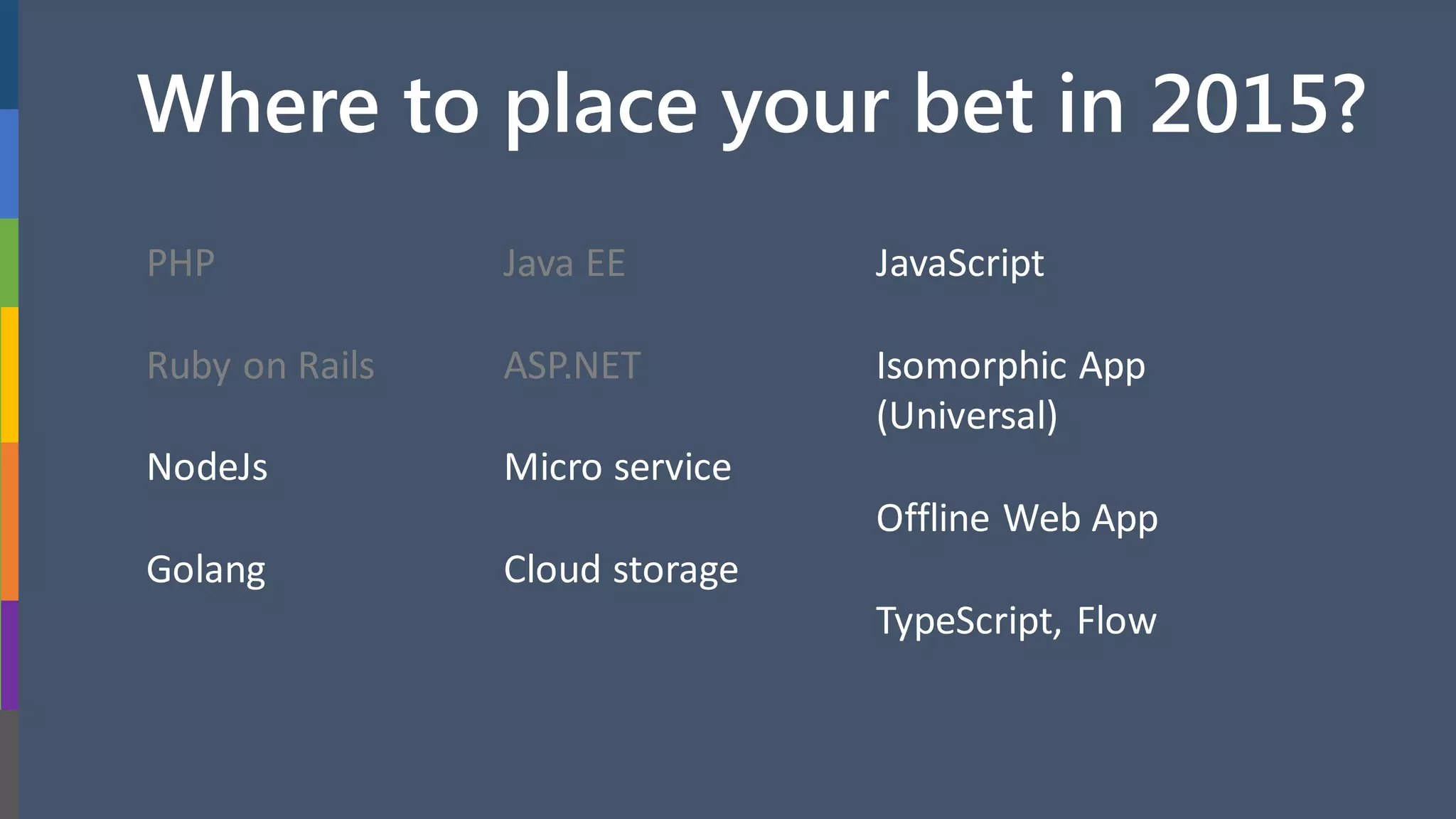 Where to place your bets in 2015?
PHP
Ruby on Rails
NodeJs
Golang
Java EE
ASP.NET
Micro services
Cloud storage
JavaScript
Isomorphic App
(Universal)
Offline Web App
TypeScript, Flow
 
