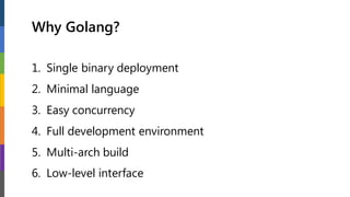 Why Golang?
1. Single binary deployment
2. Minimal language
3. Easy concurrency
4. Full development environment
5. Multi-arch build
6. Low-level interface
 