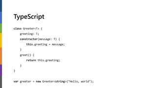 TypeScript
class Greeter<T> {
greeting: T;
constructor(message: T) {
this.greeting = message;
}
greet() {
return this.greeting;
}
}
var greeter = new Greeter<string>("Hello, world");
 
