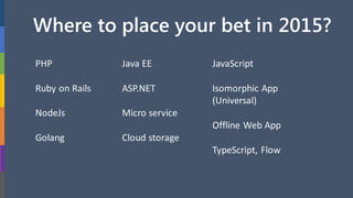 Where to place your bets in 2015?
PHP
Ruby on Rails
NodeJs
Golang
Java EE
ASP.NET
Micro services
Cloud storage
JavaScript
Isomorphic App
(Universal)
Offline Web App
TypeScript, Flow
 