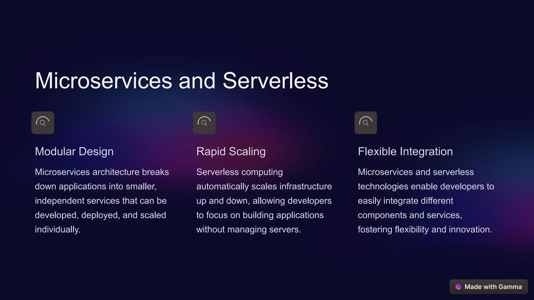 Microservices and Serverless
Modular Design
Microservices architecture breaks
down applications into smaller,
independent services that can be
developed, deployed, and scaled
individually.
Rapid Scaling
Serverless computing
automatically scales infrastructure
up and down, allowing developers
to focus on building applications
without managing servers.
Flexible Integration
Microservices and serverless
technologies enable developers to
easily integrate different
components and services,
fostering flexibility and innovation.
 