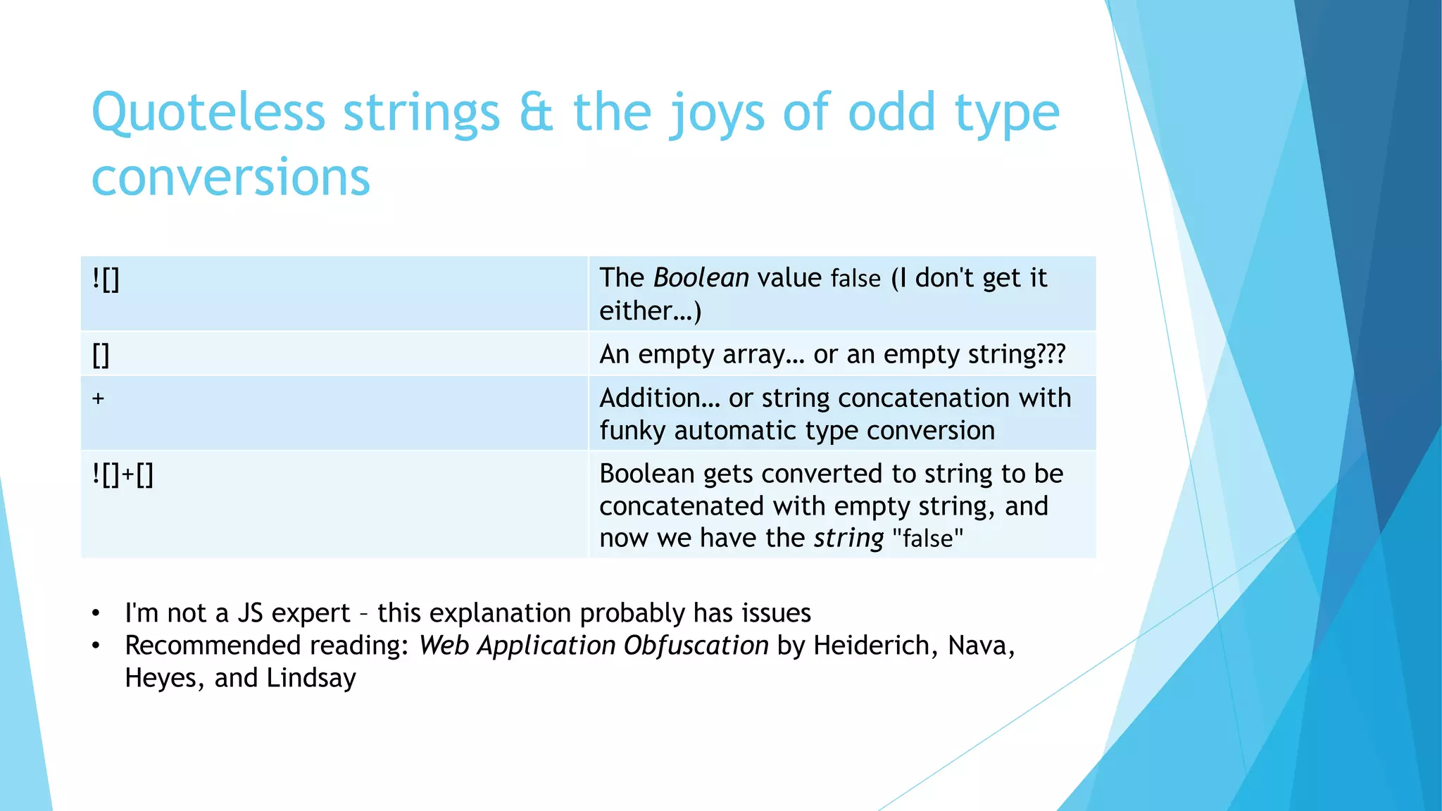 Quoteless strings & the joys of odd type
conversions
![] The Boolean value false (I don't get it
either…)
[] An empty array… or an empty string???
+ Addition… or string concatenation with
funky automatic type conversion
![]+[] Boolean gets converted to string to be
concatenated with empty string, and
now we have the string "false"
• I'm not a JS expert – this explanation probably has issues
• Recommended reading: Web Application Obfuscation by Heiderich, Nava,
Heyes, and Lindsay
 