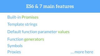 Built-in Promises
Template strings
Default function parameter values
Function generators
Symbols
Proxies … more here
ES6 & 7 main features
 