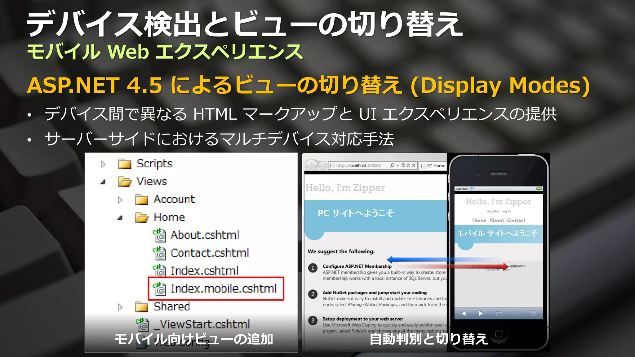 デバイス検出とビューの切り替え
モバイル Web エクスペリエンス
ASP.NET 4.5 によるビューの切り替え (Display Modes)
• デバイス間で異なる HTML マークアップと UI エクスペリエンスの提供
• サーバーサイドにおけるマルチデバイス対応手法
 