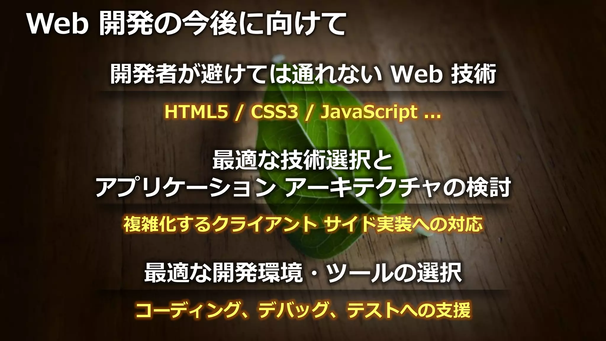 Web 開発の今後に向けて
   開発者が避けては通れない Web 技術
     HTML5 / CSS3 / JavaScript ...

       最適な技術選択と
  アプリケーション アーキテクチャの検討
   複雑化するクライアント サイド実装への対応

    最適な開発環境・ツールの選択
    コーディング、デバッグ、テストへの支援
 