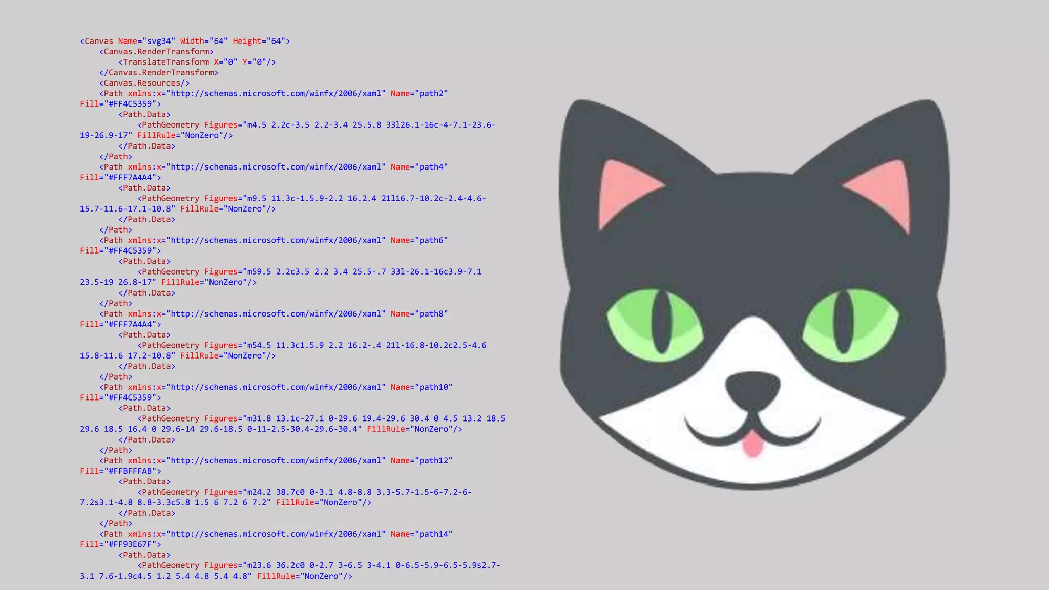 <Canvas Name="svg34" Width="64" Height="64">
<Canvas.RenderTransform>
<TranslateTransform X="0" Y="0"/>
</Canvas.RenderTransform>
<Canvas.Resources/>
<Path xmlns:x="http://schemas.microsoft.com/winfx/2006/xaml" Name="path2"
Fill="#FF4C5359">
<Path.Data>
<PathGeometry Figures="m4.5 2.2c-3.5 2.2-3.4 25.5.8 33l26.1-16c-4-7.1-23.6-
19-26.9-17" FillRule="NonZero"/>
</Path.Data>
</Path>
<Path xmlns:x="http://schemas.microsoft.com/winfx/2006/xaml" Name="path4"
Fill="#FFF7A4A4">
<Path.Data>
<PathGeometry Figures="m9.5 11.3c-1.5.9-2.2 16.2.4 21l16.7-10.2c-2.4-4.6-
15.7-11.6-17.1-10.8" FillRule="NonZero"/>
</Path.Data>
</Path>
<Path xmlns:x="http://schemas.microsoft.com/winfx/2006/xaml" Name="path6"
Fill="#FF4C5359">
<Path.Data>
<PathGeometry Figures="m59.5 2.2c3.5 2.2 3.4 25.5-.7 33l-26.1-16c3.9-7.1
23.5-19 26.8-17" FillRule="NonZero"/>
</Path.Data>
</Path>
<Path xmlns:x="http://schemas.microsoft.com/winfx/2006/xaml" Name="path8"
Fill="#FFF7A4A4">
<Path.Data>
<PathGeometry Figures="m54.5 11.3c1.5.9 2.2 16.2-.4 21l-16.8-10.2c2.5-4.6
15.8-11.6 17.2-10.8" FillRule="NonZero"/>
</Path.Data>
</Path>
<Path xmlns:x="http://schemas.microsoft.com/winfx/2006/xaml" Name="path10"
Fill="#FF4C5359">
<Path.Data>
<PathGeometry Figures="m31.8 13.1c-27.1 0-29.6 19.4-29.6 30.4 0 4.5 13.2 18.5
29.6 18.5 16.4 0 29.6-14 29.6-18.5 0-11-2.5-30.4-29.6-30.4" FillRule="NonZero"/>
</Path.Data>
</Path>
<Path xmlns:x="http://schemas.microsoft.com/winfx/2006/xaml" Name="path12"
Fill="#FFBFFFAB">
<Path.Data>
<PathGeometry Figures="m24.2 38.7c0 0-3.1 4.8-8.8 3.3-5.7-1.5-6-7.2-6-
7.2s3.1-4.8 8.8-3.3c5.8 1.5 6 7.2 6 7.2" FillRule="NonZero"/>
</Path.Data>
</Path>
<Path xmlns:x="http://schemas.microsoft.com/winfx/2006/xaml" Name="path14"
Fill="#FF93E67F">
<Path.Data>
<PathGeometry Figures="m23.6 36.2c0 0-2.7 3-6.5 3-4.1 0-6.5-5.9-6.5-5.9s2.7-
3.1 7.6-1.9c4.5 1.2 5.4 4.8 5.4 4.8" FillRule="NonZero"/>
 
