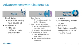 11© Cloudera, Inc. All rights reserved.
Advancements with Cloudera 5.8
Impala Hue
Navigator
Optimizer
• Cloud-Native:
• Read/write directly
from Amazon S3
• Performance:
• >10x faster
performance on
secure clusters
• Data Discovery:
• Preview, tag, search, pin
tables in browser
• Query Design Assistance:
• Autocomplete of tables,
columns, syntax
• Efficient troubleshooting
• Collaboration & Sharing:
• Save & share queries
with peers
• Set permissions directly
on results
• Now GA!
• Ease offloading path to
Hadoop
• Active Data
Optimization to enable
peak performance for
Hive and Impala
 