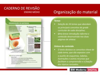 Organização do materialTemas  Seleção de 24 temas que abordam 	os principais conceitos da grade curricular de cada disciplina;Uma breve introdução informa o conteúdo desenvolvido nas duas páginas de síntese.Síntese de conteúdo O texto destaca os conceitos-chave de cada tema, que são expostos com 	o auxílio de esquemas, tabelas, ilustrações e outros recursos que facilitam a compreensão e a fixação dos tópicos revisados.
