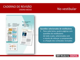 No vestibularQuestões selecionadas de vestibularesPara cada tema, quatro páginas com questões de vestibulares 	de todo o país, selecionadas com 	o intuito de reforçar a compreensão e a fixação dos conteúdos revisados.
