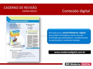 Conteúdo digitalRemissão para o portal Moderna  Digital, que contém animações e outros recursos multimídia que exemplificam,  complementam ou aprofundam o conteúdo revisado.www.modernadigital.com.br