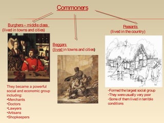 Commoners
Burghers– middle class
(lived in townsand cities)
Beggars
(lived in townsand cities)
Peasants
(lived in thecountry)
They became a powerful
social and economic group
including:
•Merchants
•Doctors
•Lawyers
•Artisans
•Shopkeepers
-Formed thelargest social group
-They wereusually very poor
-Someof them lived in terrible
conditions
 