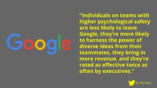 “Individuals on teams with
higher psychological safety
are less likely to leave
Google, they’re more likely
to harness the power of
diverse ideas from their
teammates, they bring in
more revenue, and they’re
rated as effective twice as
often by executives.”
@_slimmer_
 
