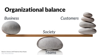 Teams
Business Customers
Organizational balance
Society
http://bit.ly/2ebGwq4
Based on Seriuos LeAP Model by Masa Maeda
 