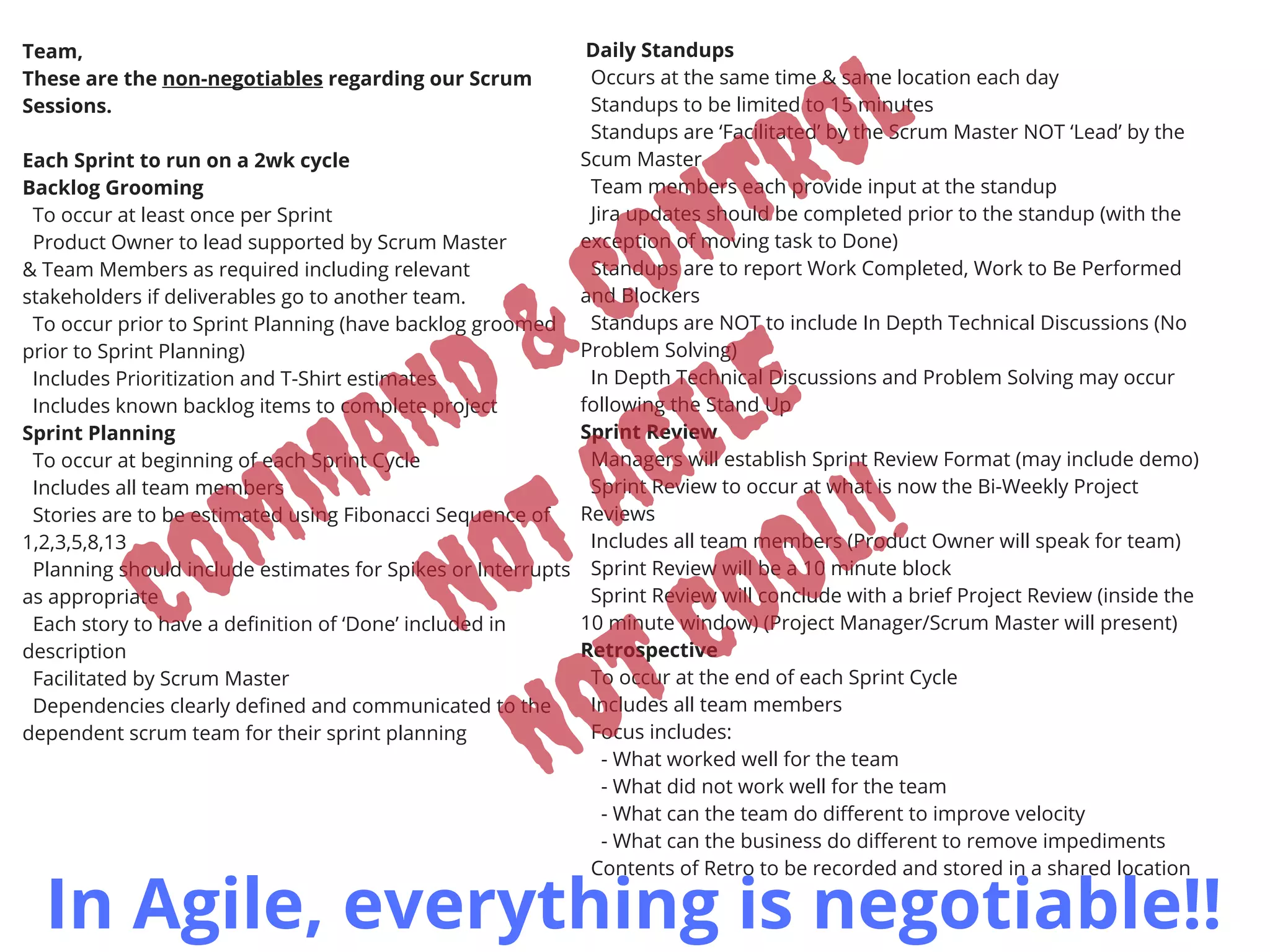 Team,
These are the non-negotiables regarding our Scrum
Sessions.
Each Sprint to run on a 2wk cycle
Backlog Grooming
  To occur at least once per Sprint
  Product Owner to lead supported by Scrum Master
& Team Members as required including relevant
stakeholders if deliverables go to another team.
  To occur prior to Sprint Planning (have backlog groomed
prior to Sprint Planning)
  Includes Prioritization and T-Shirt estimates
  Includes known backlog items to complete project
Sprint Planning
  To occur at beginning of each Sprint Cycle
  Includes all team members
  Stories are to be estimated using Fibonacci Sequence of
1,2,3,5,8,13
  Planning should include estimates for Spikes or Interrupts
as appropriate
  Each story to have a definition of ‘Done’ included in
description
  Facilitated by Scrum Master
  Dependencies clearly defined and communicated to the
dependent scrum team for their sprint planning
 Daily Standups
  Occurs at the same time & same location each day
  Standups to be limited to 15 minutes
  Standups are ‘Facilitated’ by the Scrum Master NOT ‘Lead’ by the
Scum Master
  Team members each provide input at the standup
  Jira updates should be completed prior to the standup (with the
exception of moving task to Done)
  Standups are to report Work Completed, Work to Be Performed
and Blockers
  Standups are NOT to include In Depth Technical Discussions (No
Problem Solving)
  In Depth Technical Discussions and Problem Solving may occur
following the Stand Up
Sprint Review
  Managers will establish Sprint Review Format (may include demo)
  Sprint Review to occur at what is now the Bi-Weekly Project
Reviews
  Includes all team members (Product Owner will speak for team)
  Sprint Review will be a 10 minute block
  Sprint Review will conclude with a brief Project Review (inside the
10 minute window) (Project Manager/Scrum Master will present)
Retrospective
  To occur at the end of each Sprint Cycle
  Includes all team members
  Focus includes:
    - What worked well for the team
    - What did not work well for the team
    - What can the team do different to improve velocity
    - What can the business do different to remove impediments
  Contents of Retro to be recorded and stored in a shared location 
Command & Control
NOT AGILE
Not Cool!!
In Agile, everything is negotiable!!
 