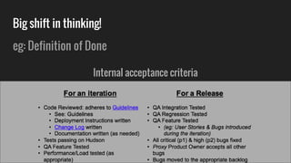 Big shift in thinking!
eg: Definition of Done
Internal acceptance criteria
 