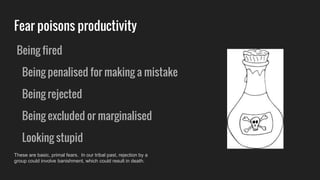 Fear poisons productivity
Being fired
Being penalised for making a mistake
Being rejected
Being excluded or marginalised
Looking stupid
These are basic, primal fears. In our tribal past, rejection by a
group could involve banishment, which could result in death.
 