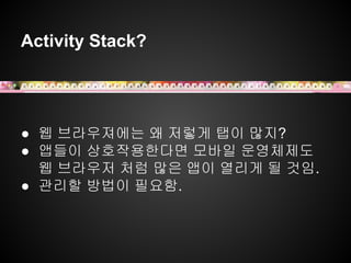 Activity Stack?
● 웹 브라우져에는 왜 저렇게 탭이 많지?
● 앱들이 상호작용한다면 모바일 운영체제도
웹 브라우저 처럼 많은 앱이 열리게 될 것임.
● 관리할 방법이 필요함.
 