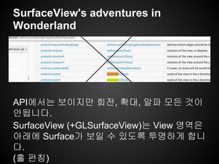 SurfaceView's adventures in
Wonderland
API에서는 보이지만 회전, 확대, 알파 모든 것이
안됩니다.
SurfaceView (+GLSurfaceView)는 View 영역은
아래에 Surface가 보일 수 있도록 투명하게 합니
다.
(홀 펀칭)
 