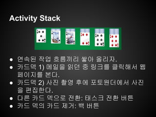 Activity Stack
● 연속된 작업 흐름끼리 쌓아 올리자.
● 카드덱 1) 메일을 읽던 중 링크를 클릭해서 웹
페이지를 본다.
● 카드덱 2) 사진 촬영 후에 포토원더에서 사진
을 편집한다.
● 다른 카드 덱으로 전환: 태스크 전환 버튼
● 카드 덱의 카드 제거: 백 버튼
 