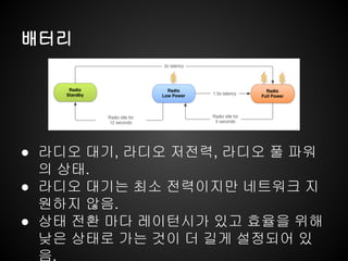 배터리
● 라디오 대기, 라디오 저전력, 라디오 풀 파워
의 상태.
● 라디오 대기는 최소 전력이지만 네트워크 지
원하지 않음.
● 상태 전환 마다 레이턴시가 있고 효율을 위해
낮은 상태로 가는 것이 더 길게 설정되어 있
음.
 