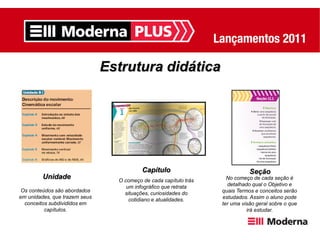 Estrutura didática




                                          Capítulo                           Seção
         Unidade                 O começo de cada capítulo trás     No começo de cada seção é
                                    um infográfico que retrata      detalhado qual o Objetivo e
 Os conteúdos são abordados                                       quais Termos e conceitos serão
                                   situações, curiosidades do
em unidades, que trazem seus                                      estudados. Assim o aluno pode
                                     cotidiano e atualidades.
  conceitos subdivididos em                                       ter uma visão geral sobre o que
          capítulos.                                                        irá estudar.
 