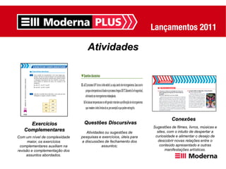 Atividades




                                                                              Conexões
     Exercícios                 Questões Discursivas
                                                                    Sugestões de filmes, livros, músicas e
   Complementares                 Atividades ou sugestões de          sites, com o intuito de despertar a
Com um nível de complexidade   pesquisas e exercícios, úteis para    curiosidade e alimentar o desejo de
      maior, os exercícios     a discussões de fechamento dos          descobrir novas relações entre o
 complementares auxiliam na                assuntos;                    conteúdo apresentado e outras
revisão e complementação dos                                               manifestações artísticas.
     assuntos abordados.
 