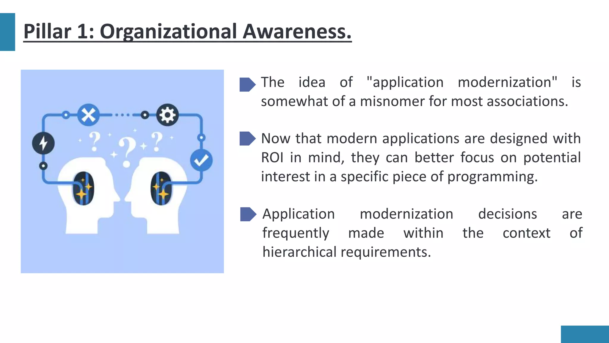 The idea of "application modernization" is
somewhat of a misnomer for most associations.
Pillar 1: Organizational Awareness.
Now that modern applications are designed with
ROI in mind, they can better focus on potential
interest in a specific piece of programming.
Application modernization decisions are
frequently made within the context of
hierarchical requirements.
 