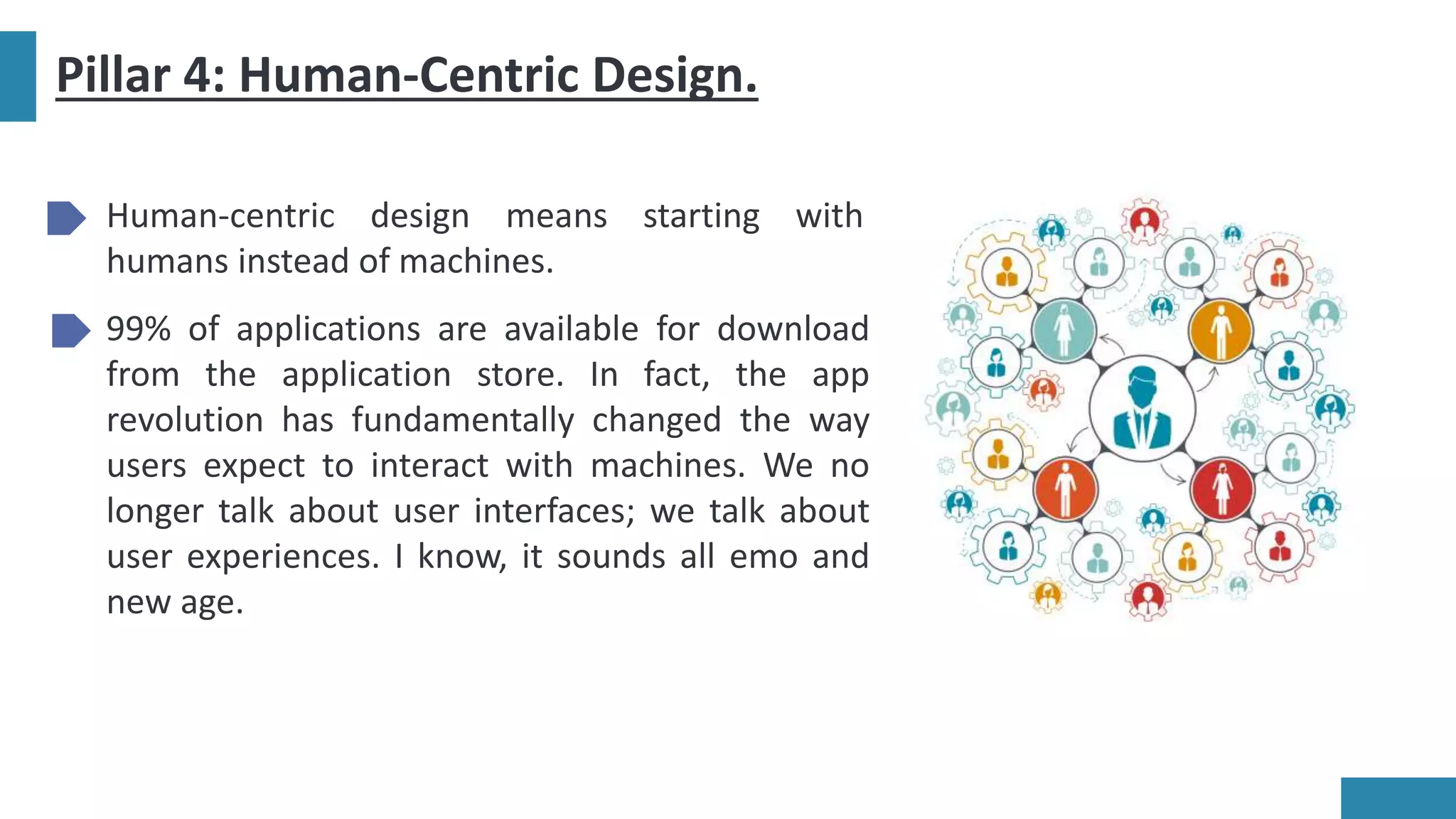 Pillar 4: Human-Centric Design.
Human-centric design means starting with
humans instead of machines.
99% of applications are available for download
from the application store. In fact, the app
revolution has fundamentally changed the way
users expect to interact with machines. We no
longer talk about user interfaces; we talk about
user experiences. I know, it sounds all emo and
new age.
 