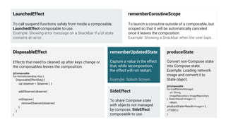 LaunchedEffect
To call suspend functions safely from inside a composable,
LaunchedEffect composable to use.
Example: Showing error message on a Snackbar if a UI state
contains an error.
rememberCoroutineScope
To launch a coroutine outside of a composable, but
scoped so that it will be automatically canceled
once it leaves the composition.
Example: Showing a Snackbar when the user taps.
DisposableEffect
Effects that need to cleaned up after keys change or
the composables leaves the composition.
@Composable
fun HomeScreen(key: Key) {
DisposableEffect(key) {
val observer = Observer { }
addObserver(observer)
onDispose {
removeObserver(observer)
}
}
}
rememberUpdatedState
Capture a value in the effect
that, while recomposition,
the effect will not restart.
Example: Splash Screen.
SideEffect
To share Compose state
with objects not managed
by compose, SideEffect
composable to use.
produceState
Convert non-Compose state
into Compose state.
Example: Loading network
image and convert it to
State object.
@Composable
fun loadNetworkImage(
url: String,
imageRepository: ImageRepository
): State<Result<Image>> {
return
produceState<Result<Image>> {
//TODO }
}
 
