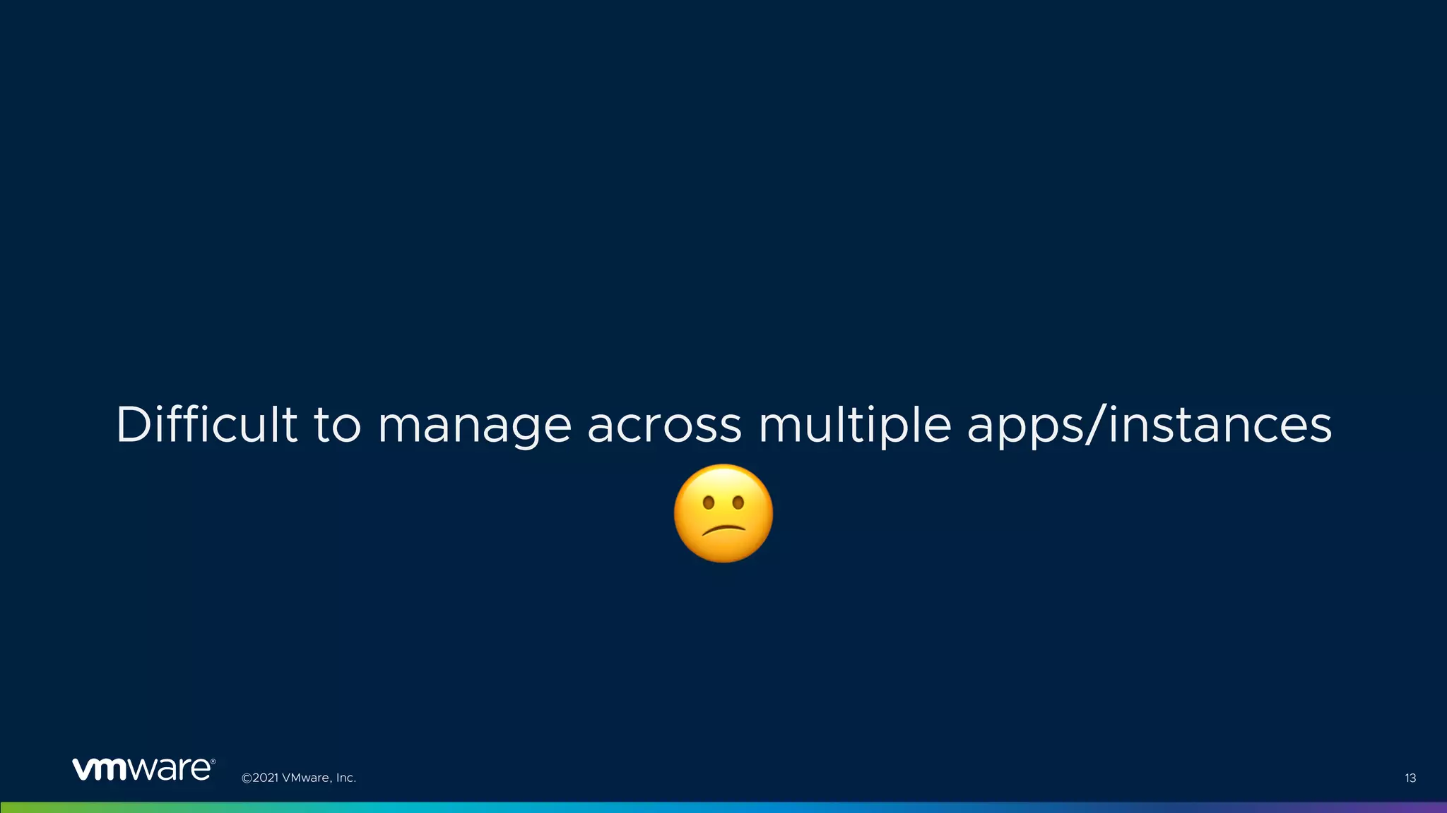 ©2021 VMware, Inc. 13
Difficult to manage across multiple apps/instances
"
 