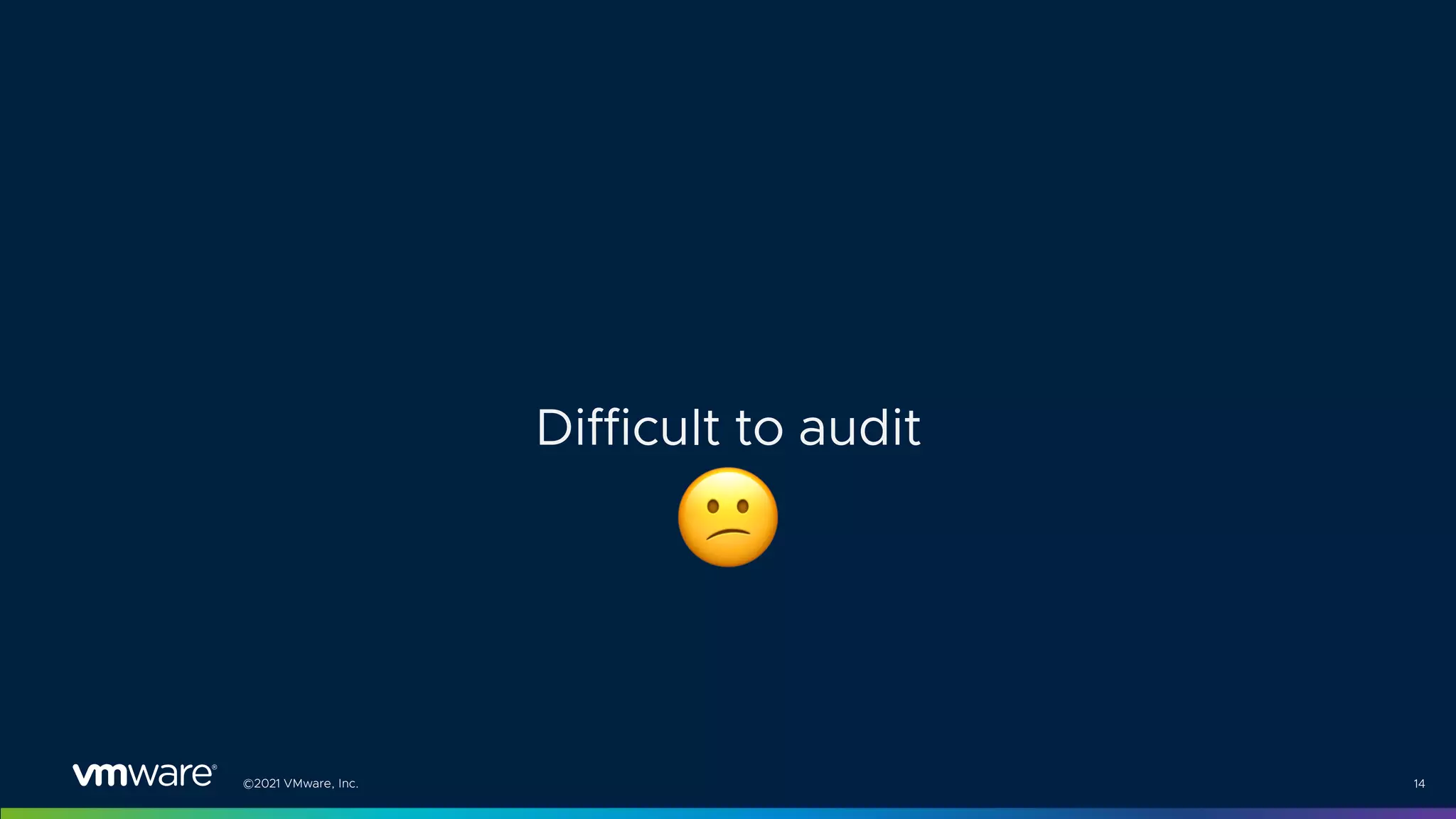 ©2021 VMware, Inc. 14
Difficult to audit
"
 