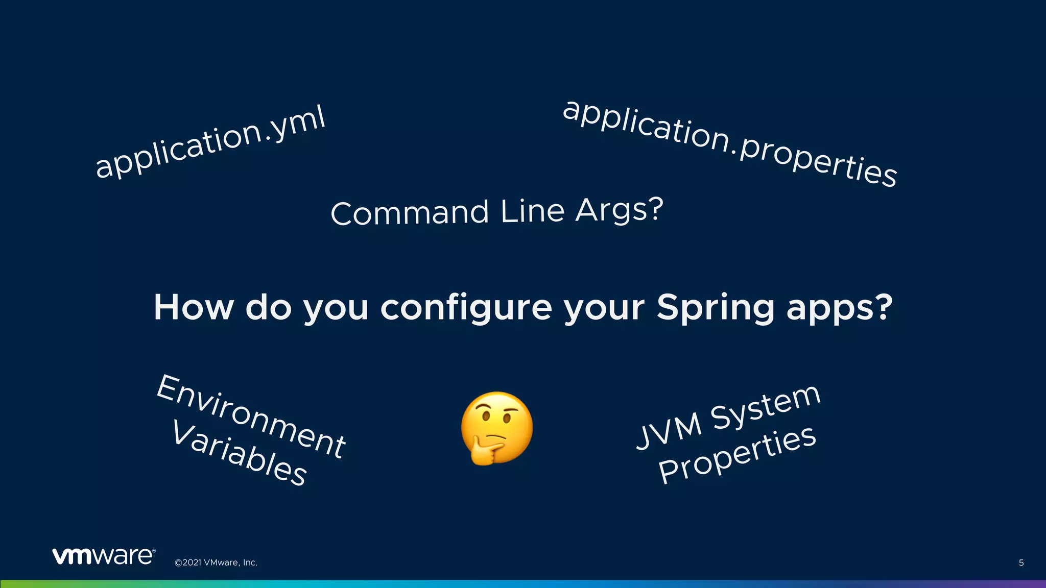 ©2021 VMware, Inc. 5
How do you configure your Spring apps?
application.yml application.properties
Environment
Variables
JVM System
Properties
Command Line Args?
!
 