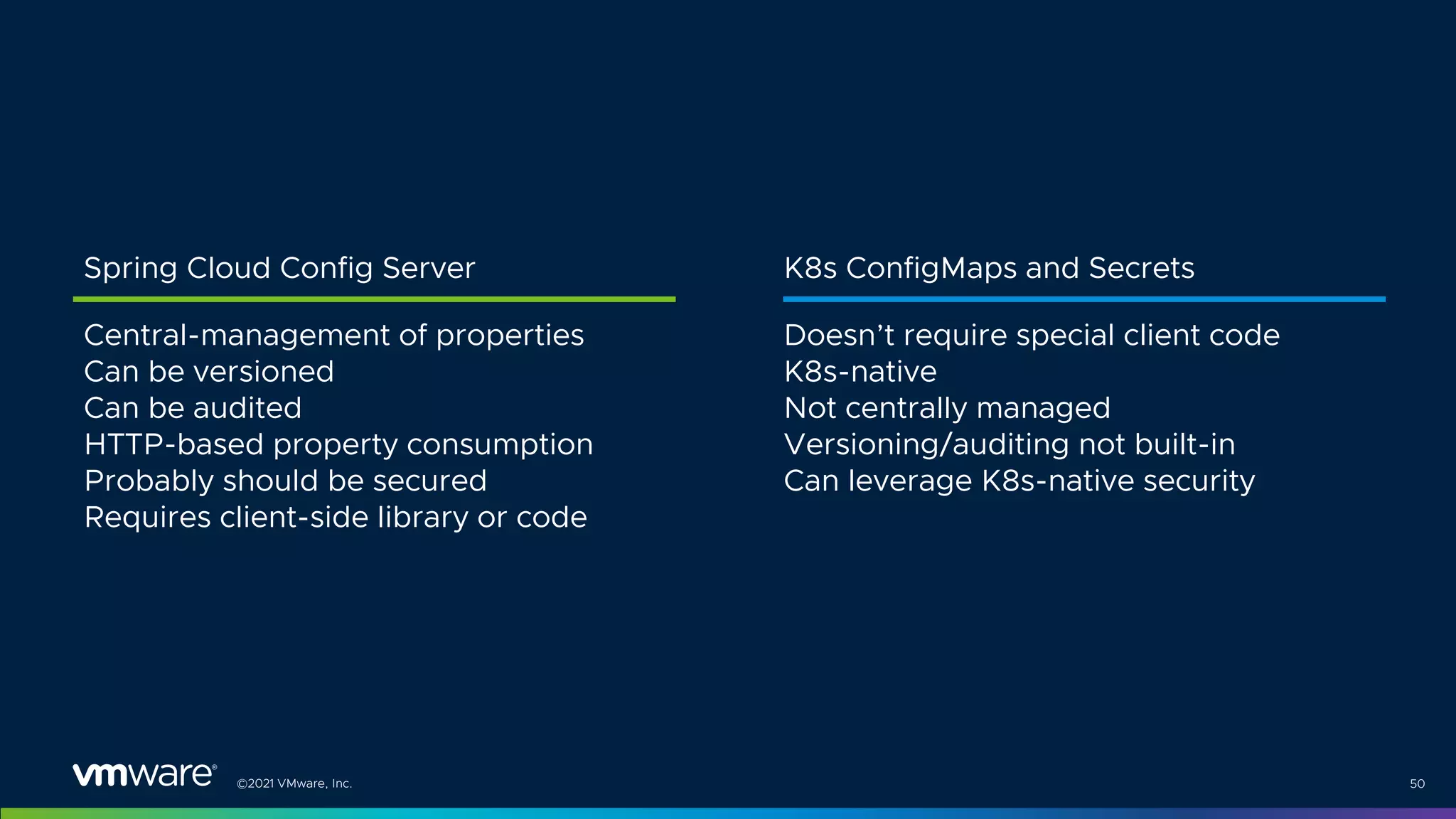©2021 VMware, Inc.
Spring Cloud Config Server
50
K8s ConfigMaps and Secrets
Central-management of properties
Can be versioned
Can be audited
HTTP-based property consumption
Probably should be secured
Requires client-side library or code
Doesn’t require special client code
K8s-native
Not centrally managed
Versioning/auditing not built-in
Can leverage K8s-native security
 
