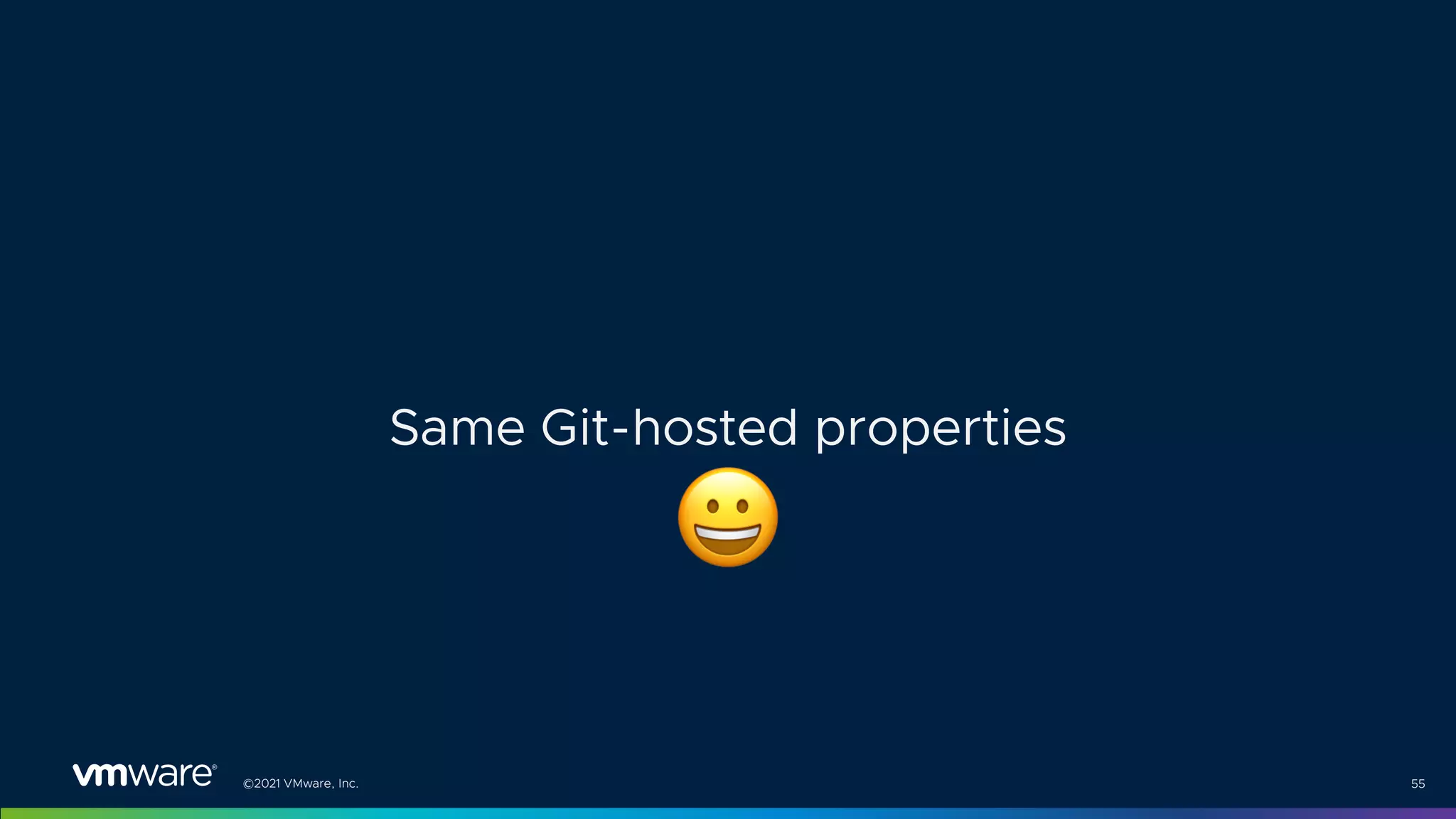 ©2021 VMware, Inc. 55
Same Git-hosted properties
$
 